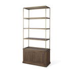42" Antiqued Brass And Brown Distressed Metal and Solid Wood Four Tier Bookcase with Two Doors