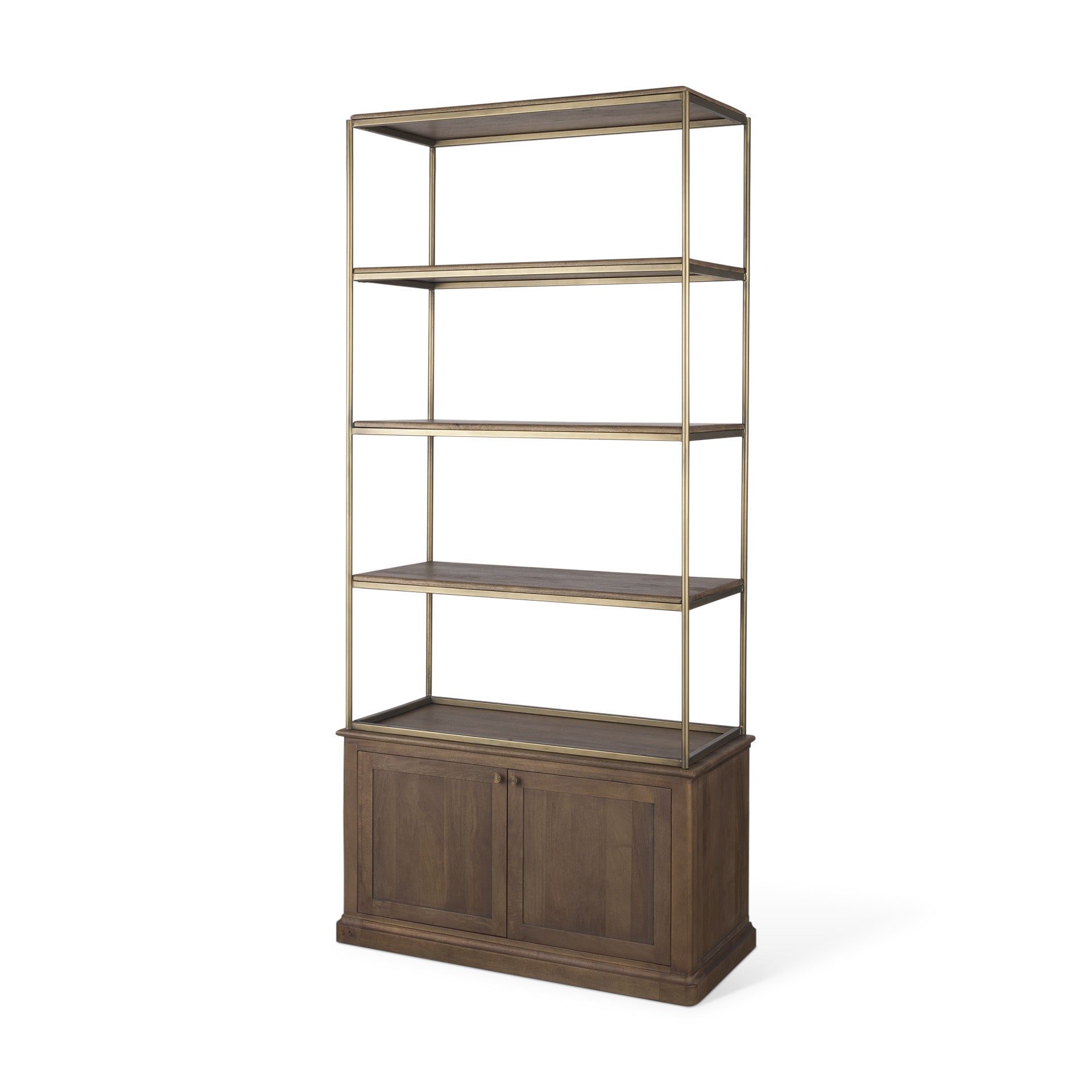42" Antiqued Brass And Brown Distressed Metal and Solid Wood Four Tier Bookcase with Two Doors