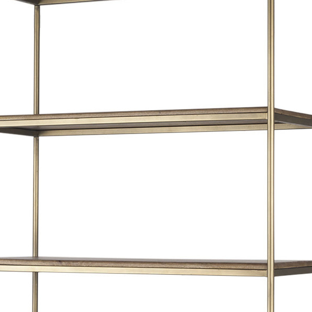 42" Antiqued Brass And Brown Distressed Metal and Solid Wood Four Tier Bookcase with Two Doors