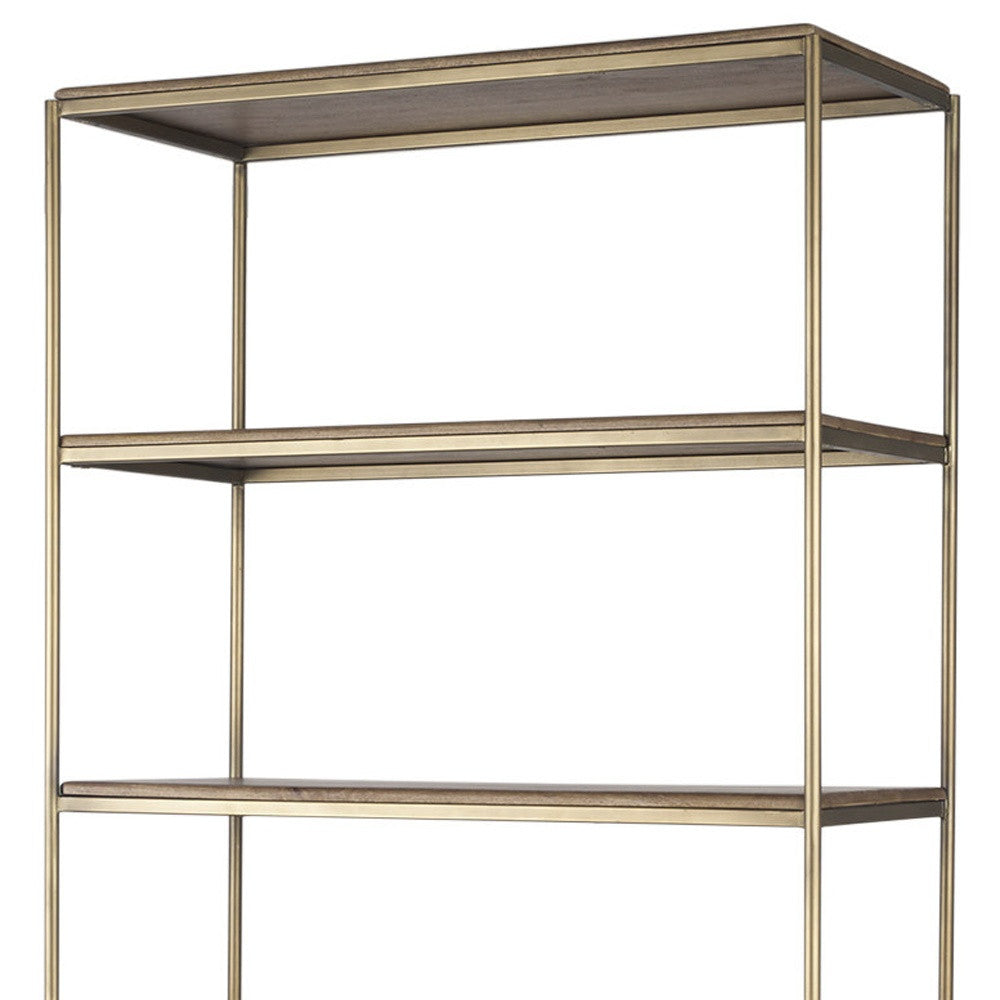 42" Antiqued Brass And Brown Distressed Metal and Solid Wood Four Tier Bookcase with Two Doors