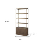 42" Antiqued Brass And Brown Distressed Metal and Solid Wood Four Tier Bookcase with Two Doors
