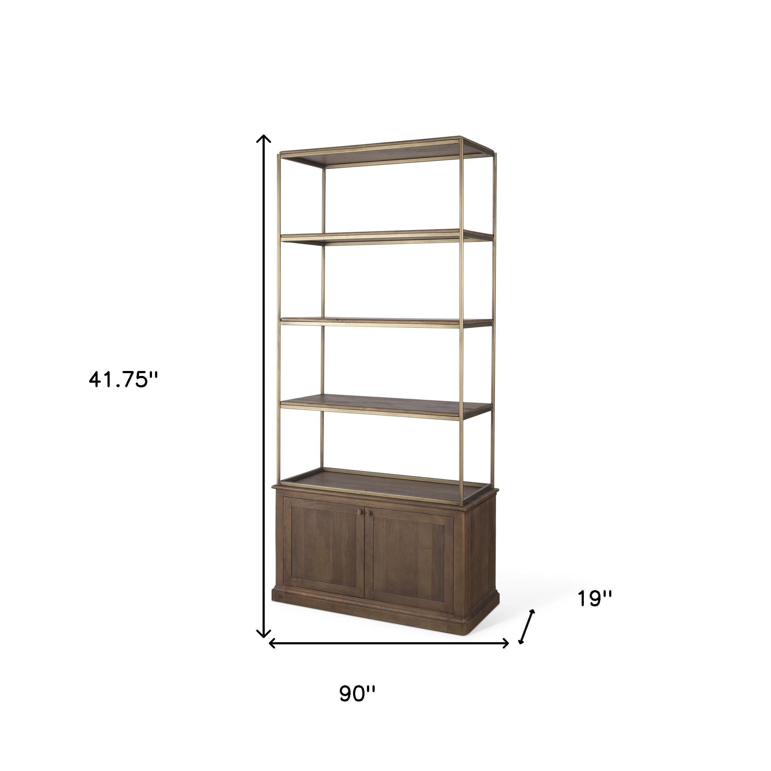 42" Antiqued Brass And Brown Distressed Metal and Solid Wood Four Tier Bookcase with Two Doors