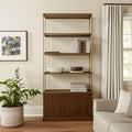 42" Antiqued Brass And Brown Distressed Metal and Solid Wood Four Tier Bookcase with Two Doors