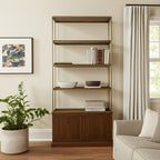 42" Antiqued Brass And Brown Distressed Metal and Solid Wood Four Tier Bookcase with Two Doors