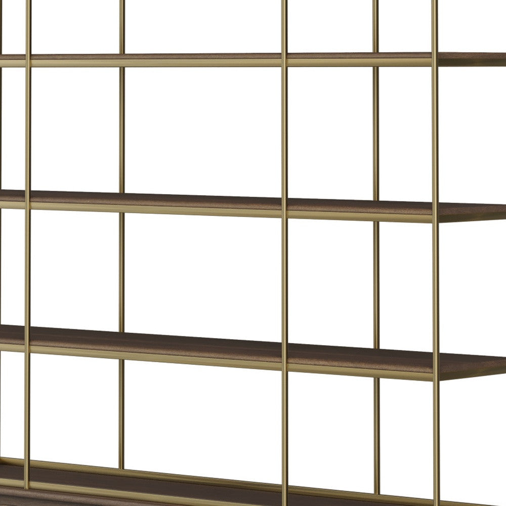 82" Antiqued Brass And Brown Distressed Metal and Solid Wood Four Tier Bookcase with Four Doors