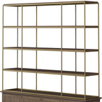 82" Antiqued Brass And Brown Distressed Metal and Solid Wood Four Tier Bookcase with Four Doors