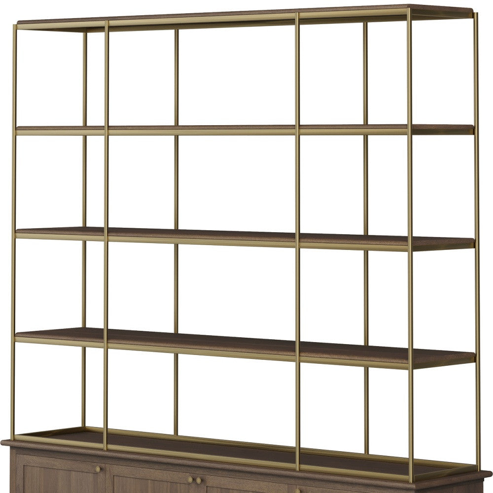 82" Antiqued Brass And Brown Distressed Metal and Solid Wood Four Tier Bookcase with Four Doors