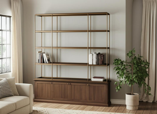 82" Antiqued Brass And Brown Distressed Metal and Solid Wood Four Tier Bookcase with Four Doors