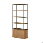 42" Antiqued Brass And Light Brown Distressed Metal and Solid Wood Four Tier Bookcase with Two Doors