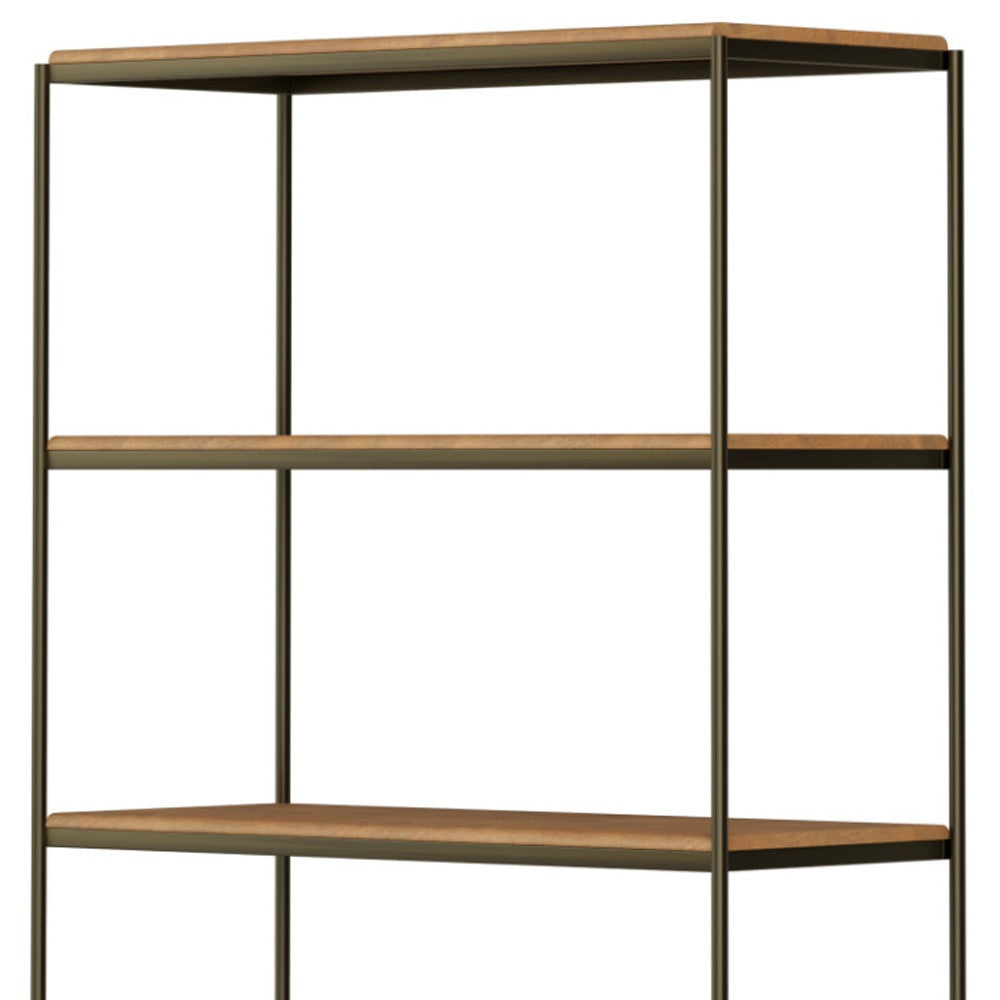 42" Antiqued Brass And Light Brown Distressed Metal and Solid Wood Four Tier Bookcase with Two Doors