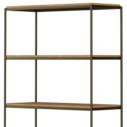 42" Antiqued Brass And Light Brown Distressed Metal and Solid Wood Four Tier Bookcase with Two Doors
