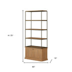 42" Antiqued Brass And Light Brown Distressed Metal and Solid Wood Four Tier Bookcase with Two Doors