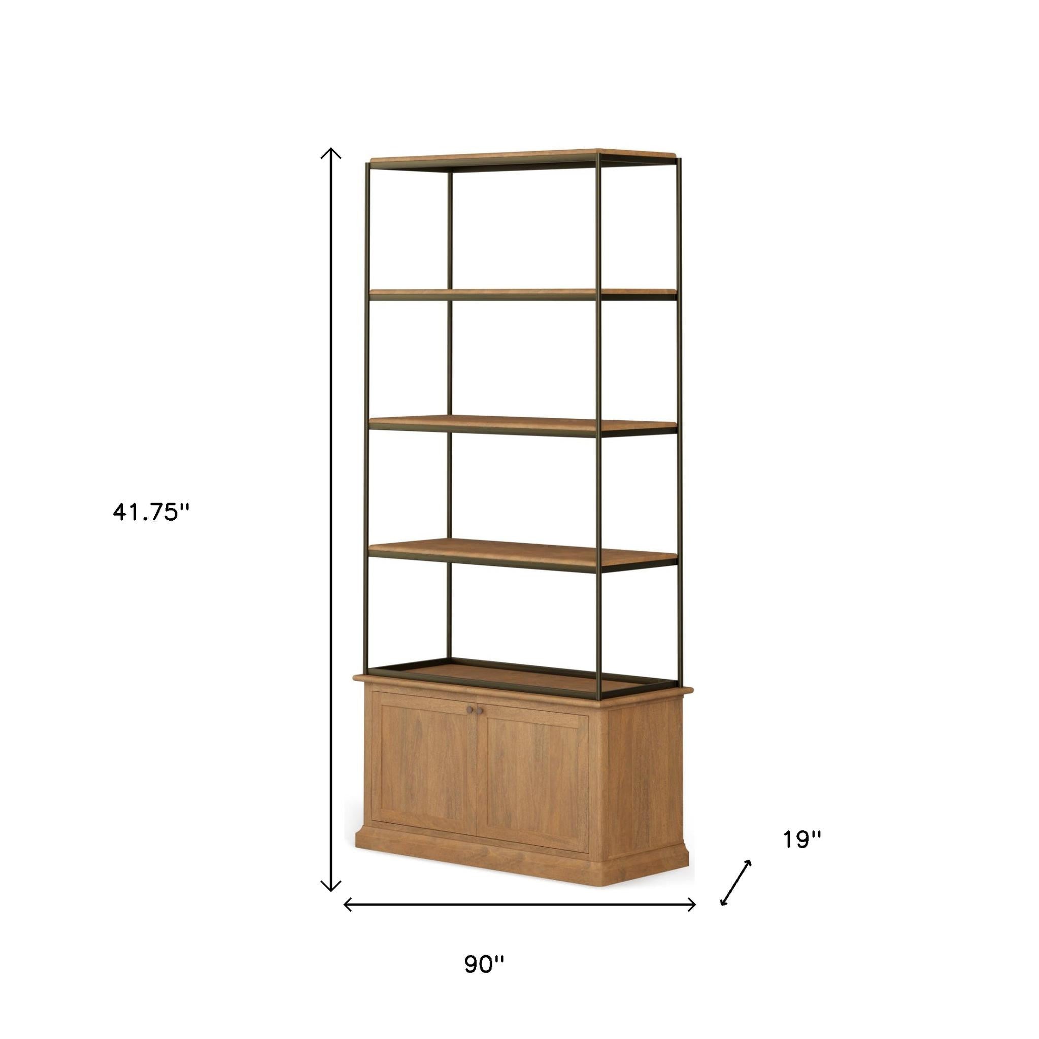 42" Antiqued Brass And Light Brown Distressed Metal and Solid Wood Four Tier Bookcase with Two Doors