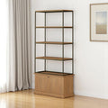 42" Antiqued Brass And Light Brown Distressed Metal and Solid Wood Four Tier Bookcase with Two Doors
