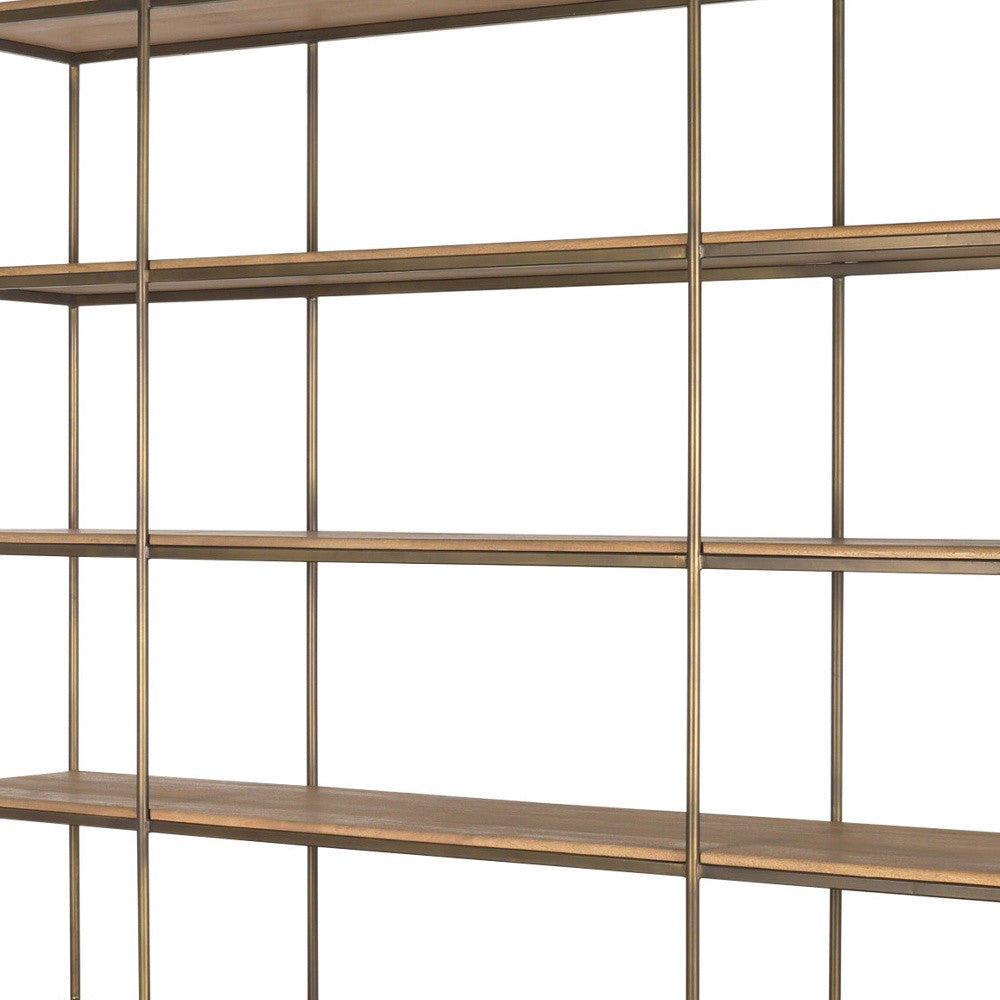 82" Antiqued Brass And Light Brown Distressed Metal and Solid Wood Three Tier Bookcase with Four Doors