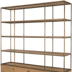 82" Antiqued Brass And Light Brown Distressed Metal and Solid Wood Three Tier Bookcase with Four Doors
