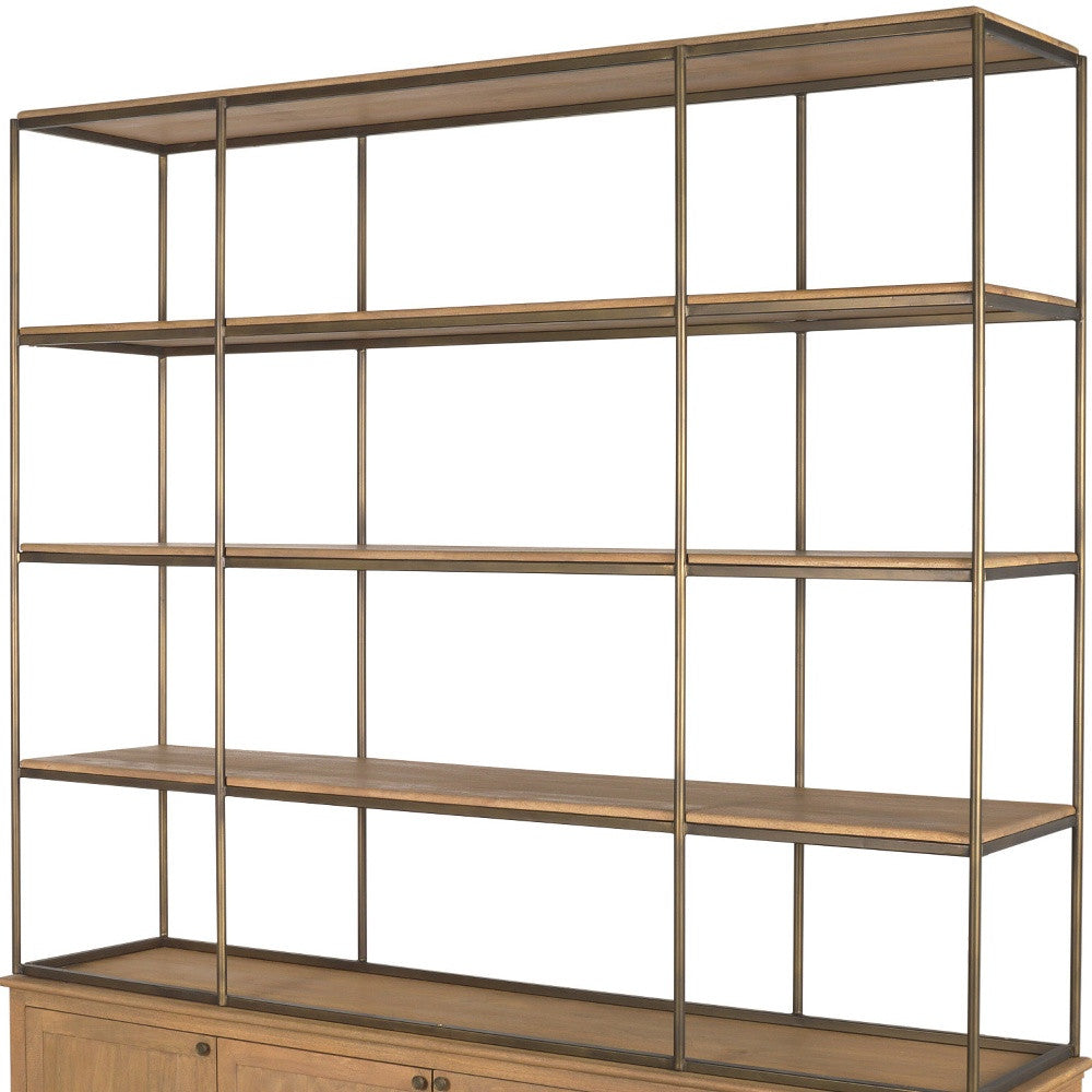 82" Antiqued Brass And Light Brown Distressed Metal and Solid Wood Three Tier Bookcase with Four Doors