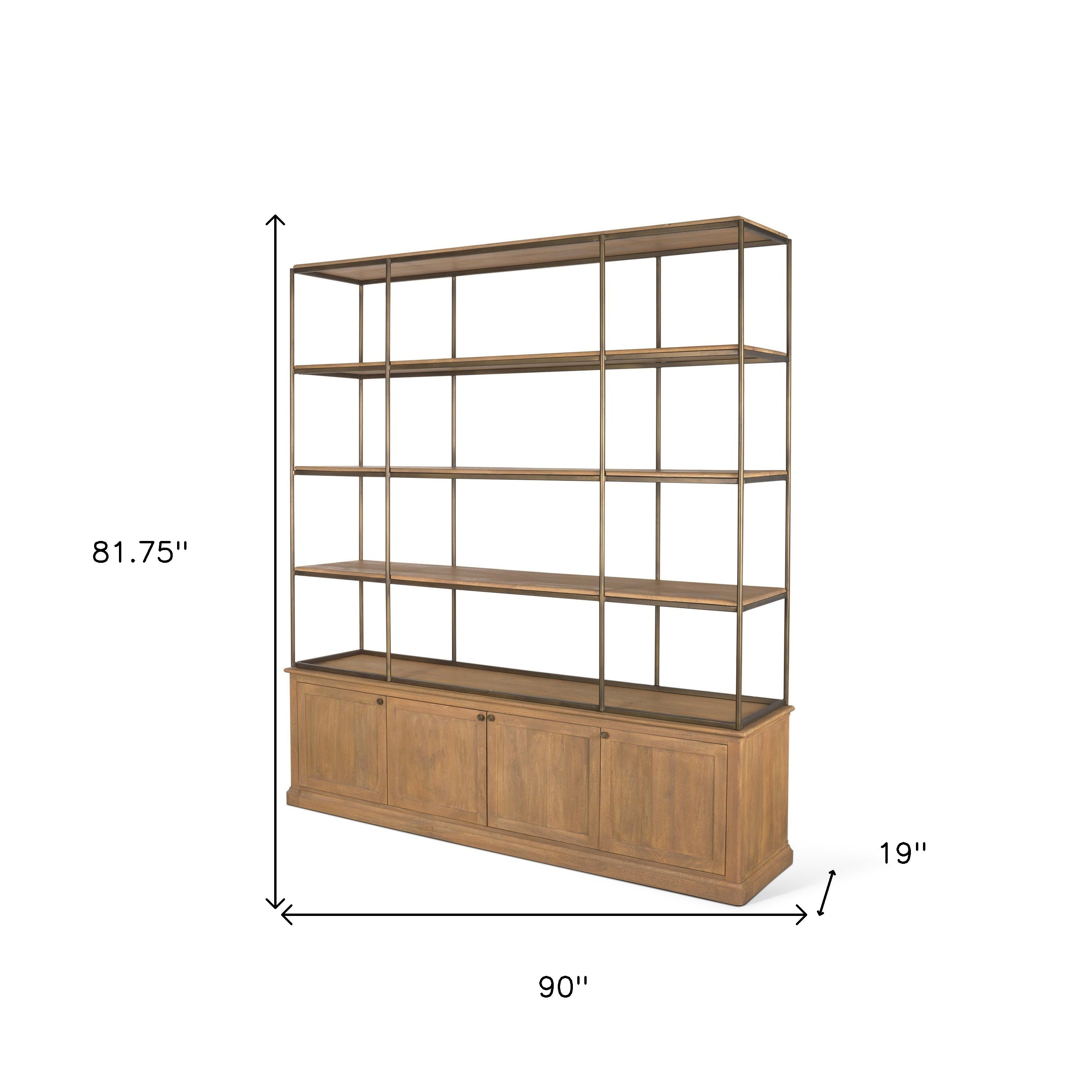 82" Antiqued Brass And Light Brown Distressed Metal and Solid Wood Three Tier Bookcase with Four Doors