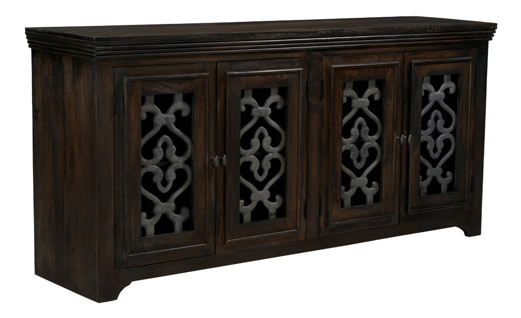 76" Brown Distressed Solid Wood Sideboard Soft Close with Four Glass Doors