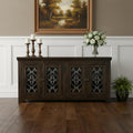 76" Brown Distressed Solid Wood Sideboard Soft Close with Four Glass Doors