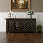 76" Brown Distressed Solid Wood Sideboard Soft Close with Four Glass Doors