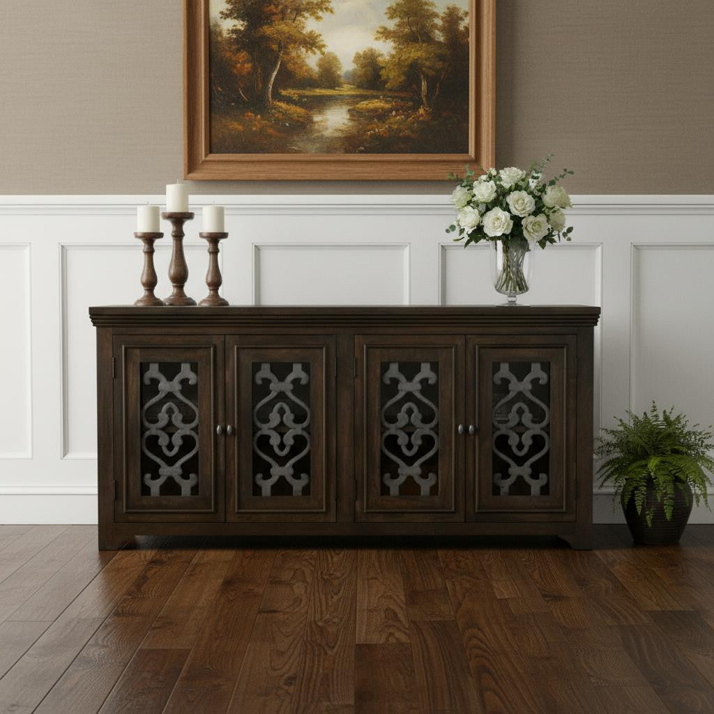 76" Brown Distressed Solid Wood Sideboard Soft Close with Four Glass Doors
