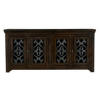 76" Brown Distressed Solid Wood Sideboard Soft Close with Four Glass Doors