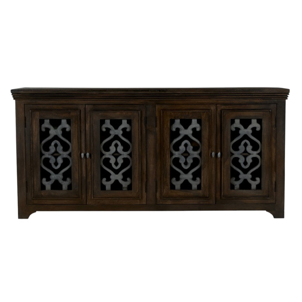76" Brown Distressed Solid Wood Sideboard Soft Close with Four Glass Doors
