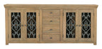 84" Natural Distressed Solid Wood Four Drawer Sideboard Soft Close with Four Glass Doors
