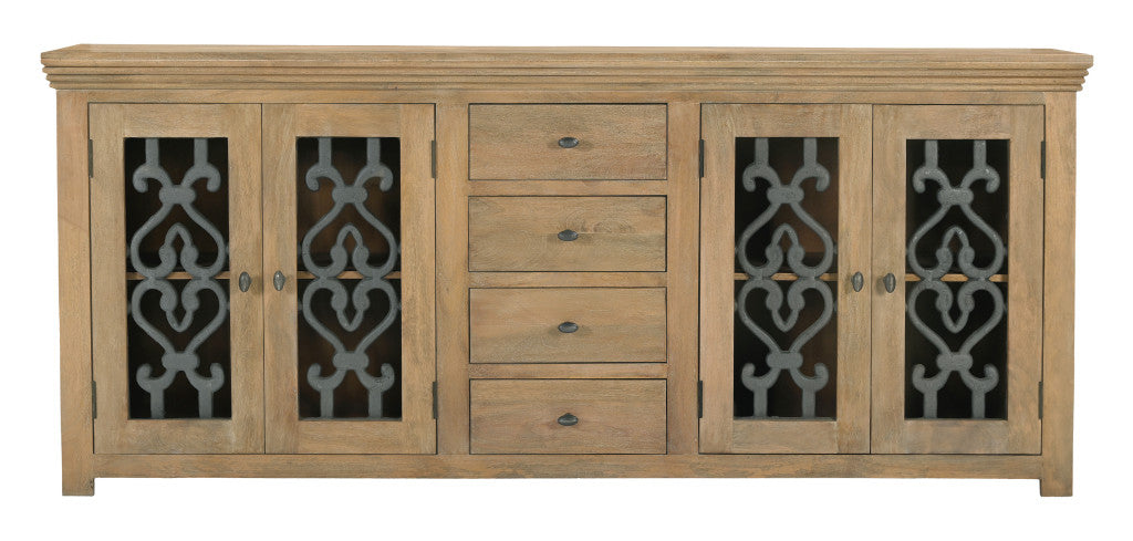 84" Natural Distressed Solid Wood Four Drawer Sideboard Soft Close with Four Glass Doors