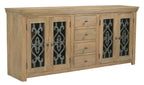 84" Natural Distressed Solid Wood Four Drawer Sideboard Soft Close with Four Glass Doors