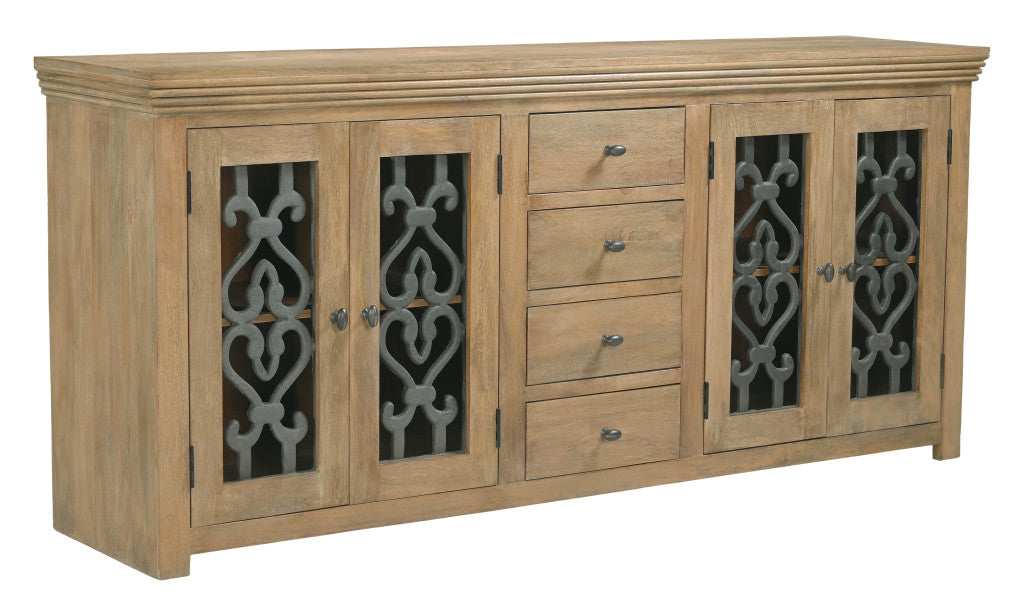 84" Natural Distressed Solid Wood Four Drawer Sideboard Soft Close with Four Glass Doors