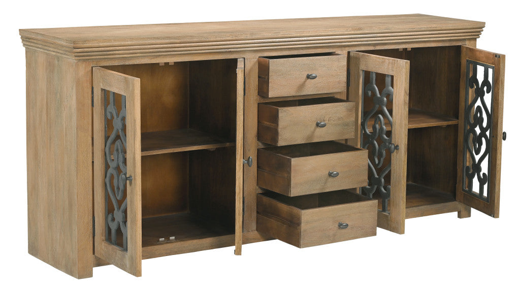 84" Natural Distressed Solid Wood Four Drawer Sideboard Soft Close with Four Glass Doors