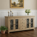 84" Natural Distressed Solid Wood Four Drawer Sideboard Soft Close with Four Glass Doors