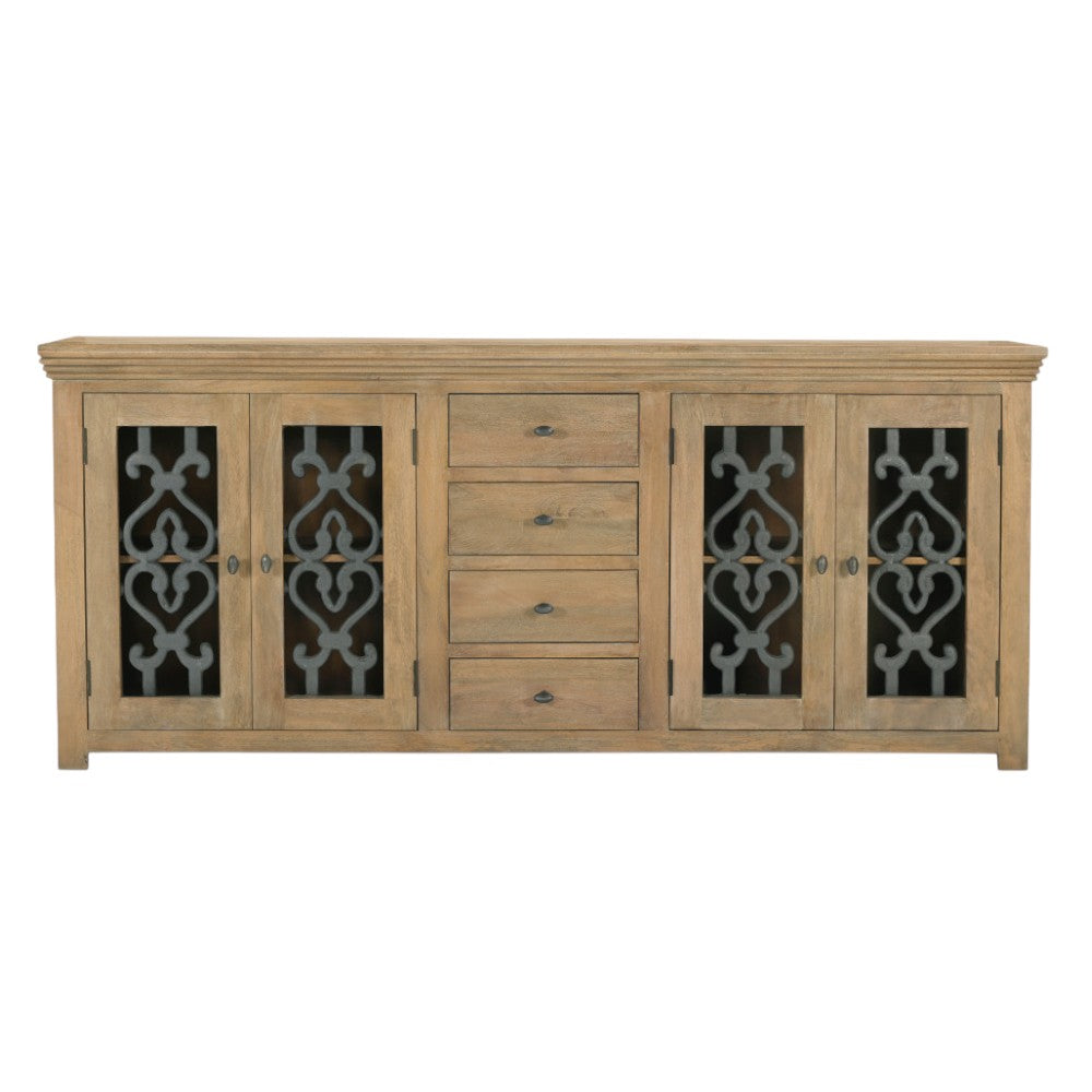 84" Natural Distressed Solid Wood Four Drawer Sideboard Soft Close with Four Glass Doors