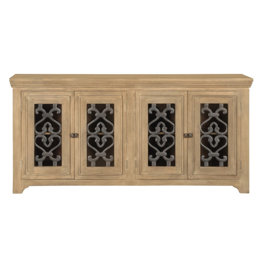 76" Natural Distressed Solid Wood Sideboard Soft Close with Four Glass Doors