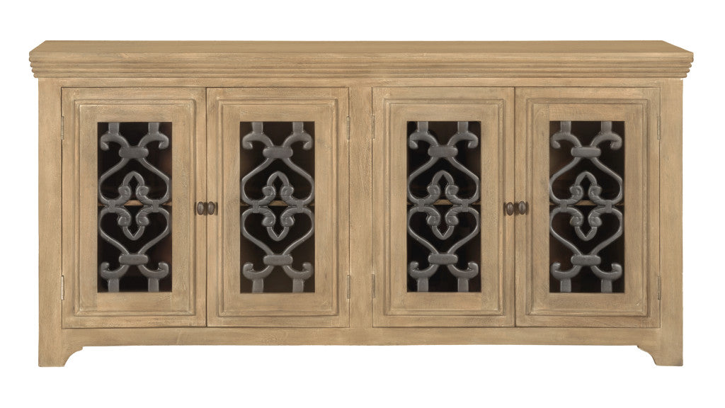 76" Natural Distressed Solid Wood Sideboard Soft Close with Four Glass Doors