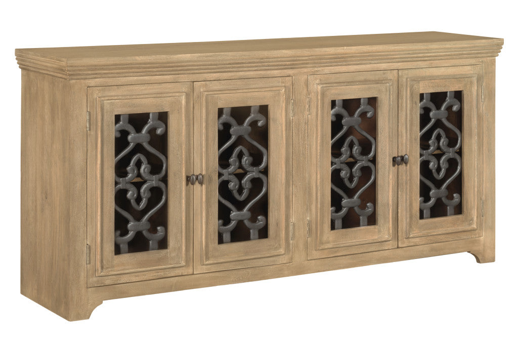 76" Natural Distressed Solid Wood Sideboard Soft Close with Four Glass Doors