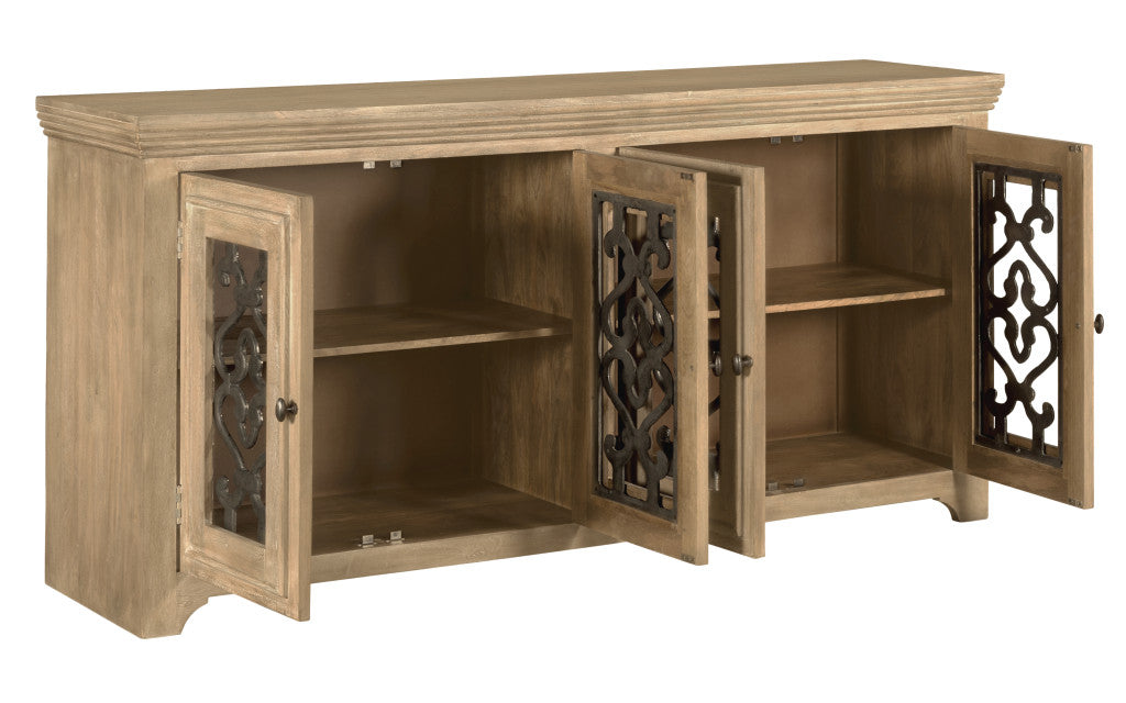 76" Natural Distressed Solid Wood Sideboard Soft Close with Four Glass Doors
