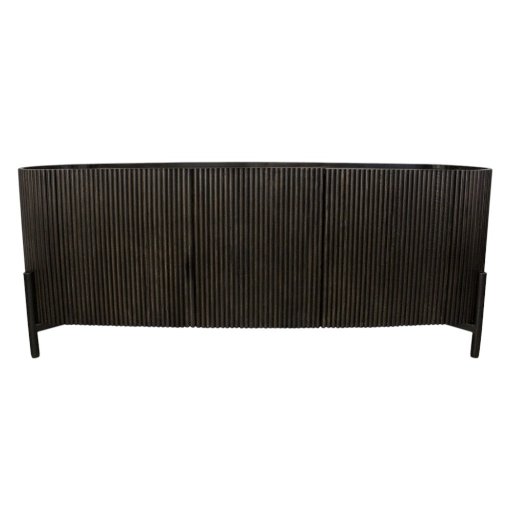 80" Brown Distressed Solid Wood Ribbed Texture Sideboard with Three Doors