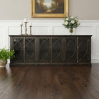 113" Black Distressed Solid Wood Sideboard with Six Glass Doors