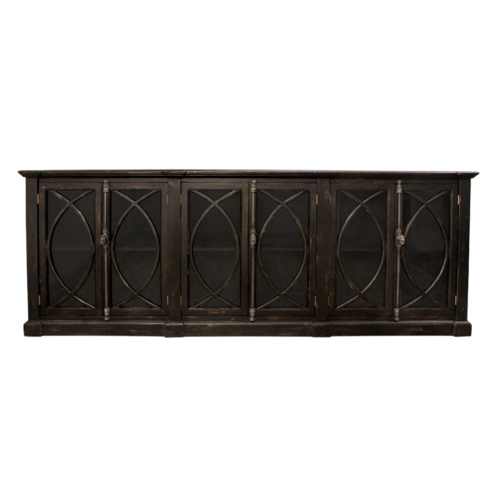 113" Black Distressed Solid Wood Sideboard with Six Glass Doors