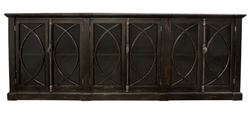 113" Black Distressed Solid Wood Sideboard with Six Glass Doors