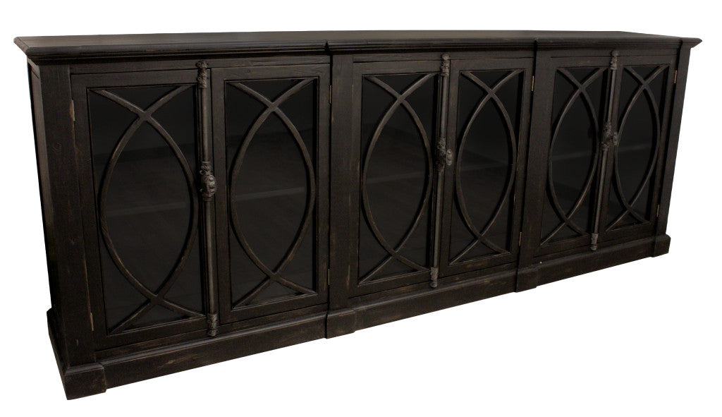 113" Black Distressed Solid Wood Sideboard with Six Glass Doors