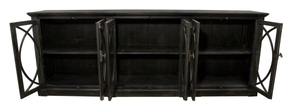 113" Black Distressed Solid Wood Sideboard with Six Glass Doors