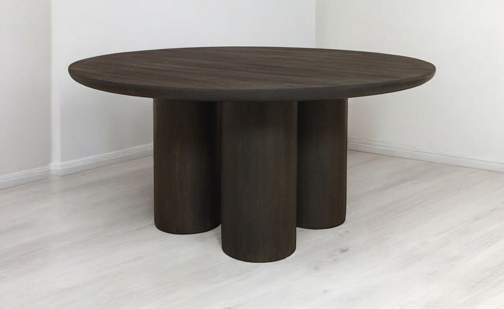 Seven Piece Dark Brown Round Solid Wood Dining Set with Six Chairs