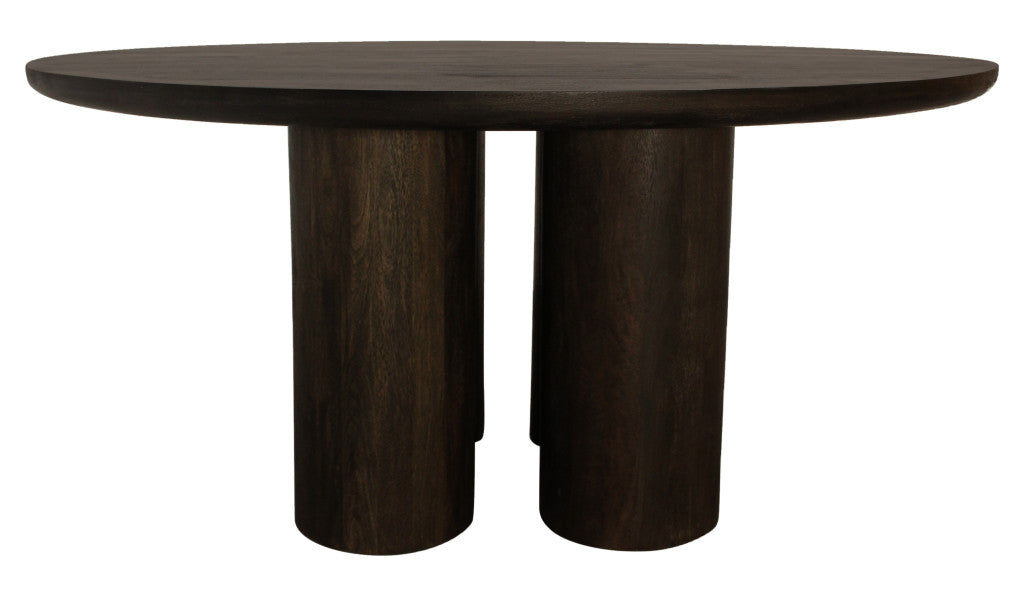 Seven Piece Dark Brown Round Solid Wood Dining Set with Six Chairs