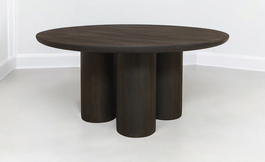 Seven Piece Dark Brown Round Solid Wood Dining Set with Six Chairs