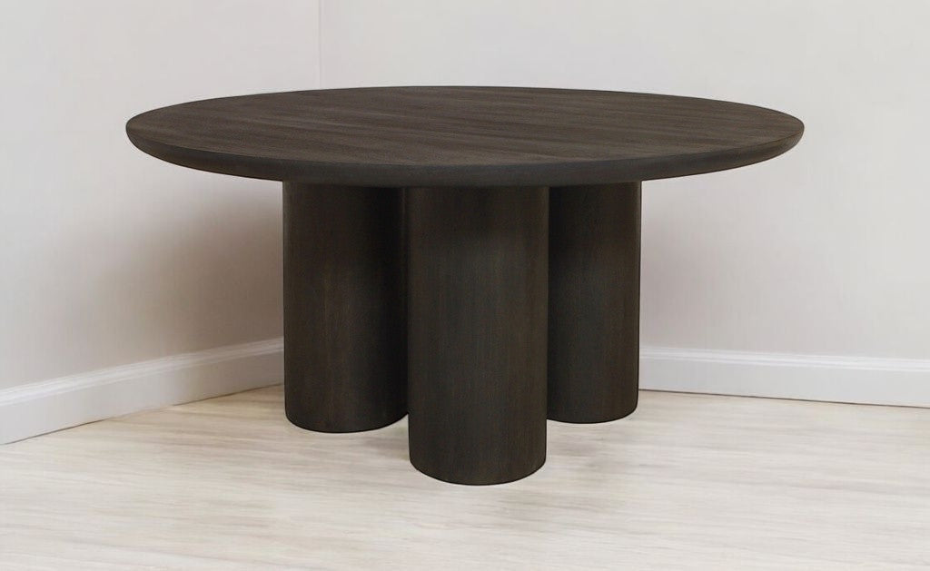 Seven Piece Dark Brown Round Solid Wood Dining Set with Six Chairs