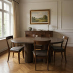 Seven Piece Dark Brown Round Solid Wood Dining Set with Six Chairs